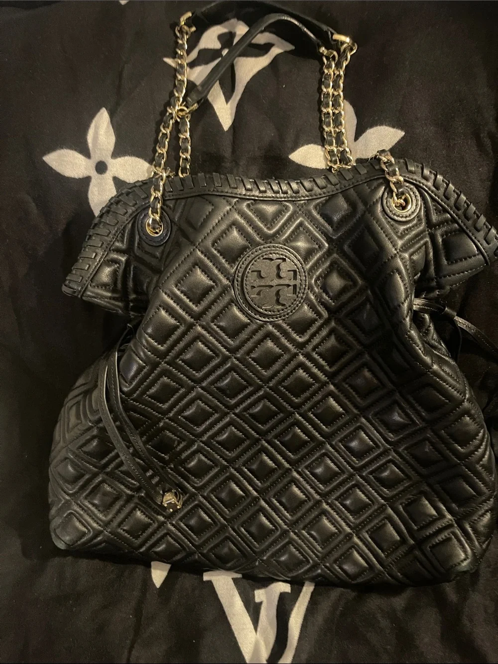 Tory Burch Quilted Black Leather Tote with Chain Handles